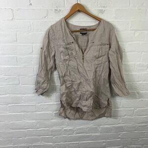 Jones New York Women's Crew Neck 1/2 Zip Top Blosue 3/4 Sleeve Beige Size Small